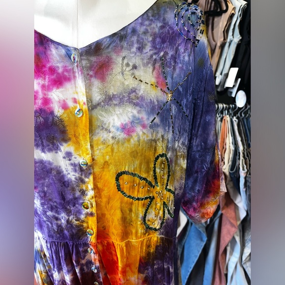 Vintage 80s tie dyed rainbow beadedjumpsuit - Picture 2 of 7